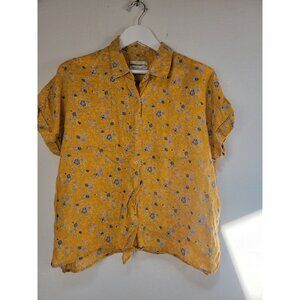 Rachel Zoe Womens Yellow Floral Button-Up Shirt Linen Lightweight Short Sleeve